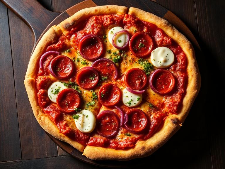 Pizza artesanal com queijo, tomate e manjericão